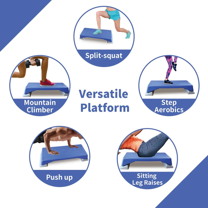 Blue aerobic step platform for home cardio training by V.I.P Digital Presence, featuring a sturdy surface and non-slip edges.