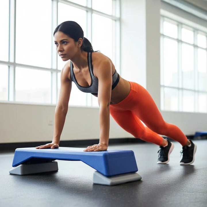 Blue aerobic step platform for home cardio training, with textured surface and sturdy design, branded by V.I.P Digital Presence.