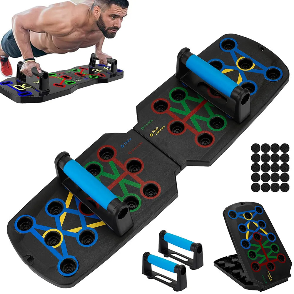 Colorful 28-inch foldable push-up board system by The Peak Pivot for targeted muscle training and versatile workout routines.