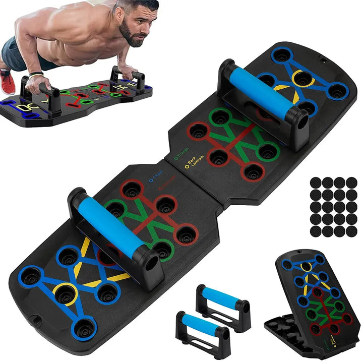 28-in-1 upper body training system with adjustable handles, multiple workout attachments, and compact design.