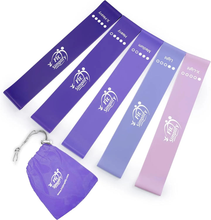 Set of five resistance exercise bands in varying levels from The Peak Pivot, ideal for strength training and flexibility workouts.