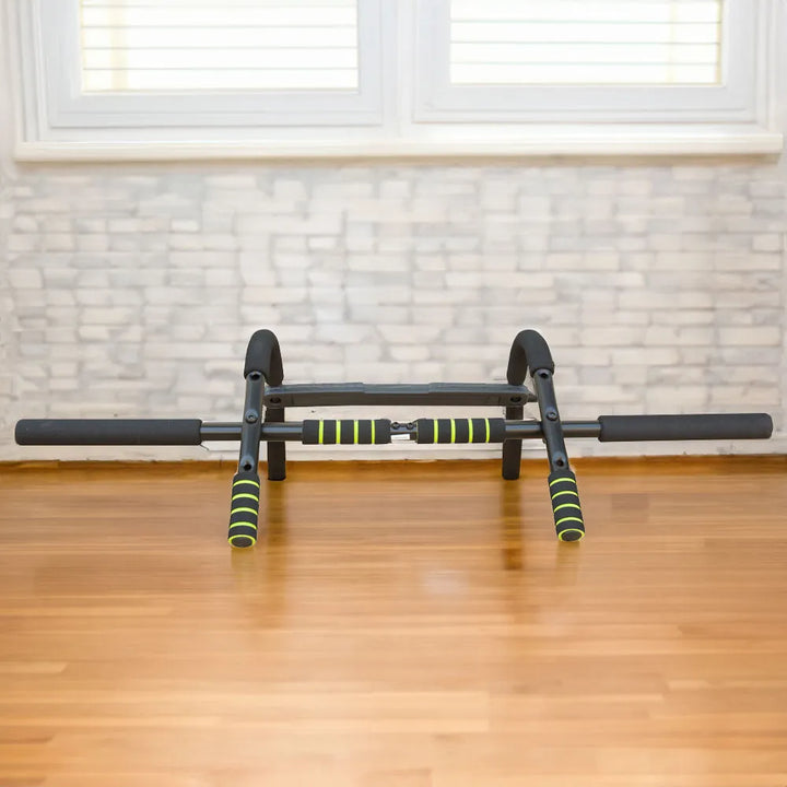 Wall mounted pull-up bar installed on a home gym wall for upper body strength training