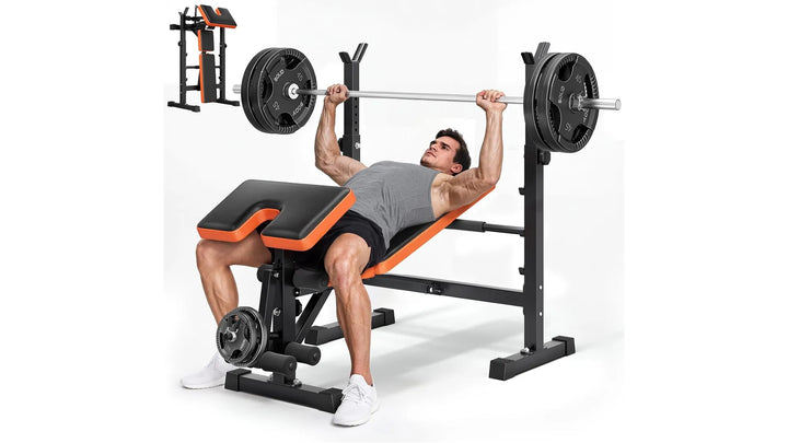 Six-in-one weight bench set from The Peak Pivot with adjustable bench, dumbbells, and accessories for versatile strength training.