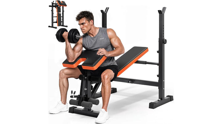 Six-in-one weight bench set from The Peak Pivot featuring adjustable bench, dumbbells, and accessories for versatile strength training.