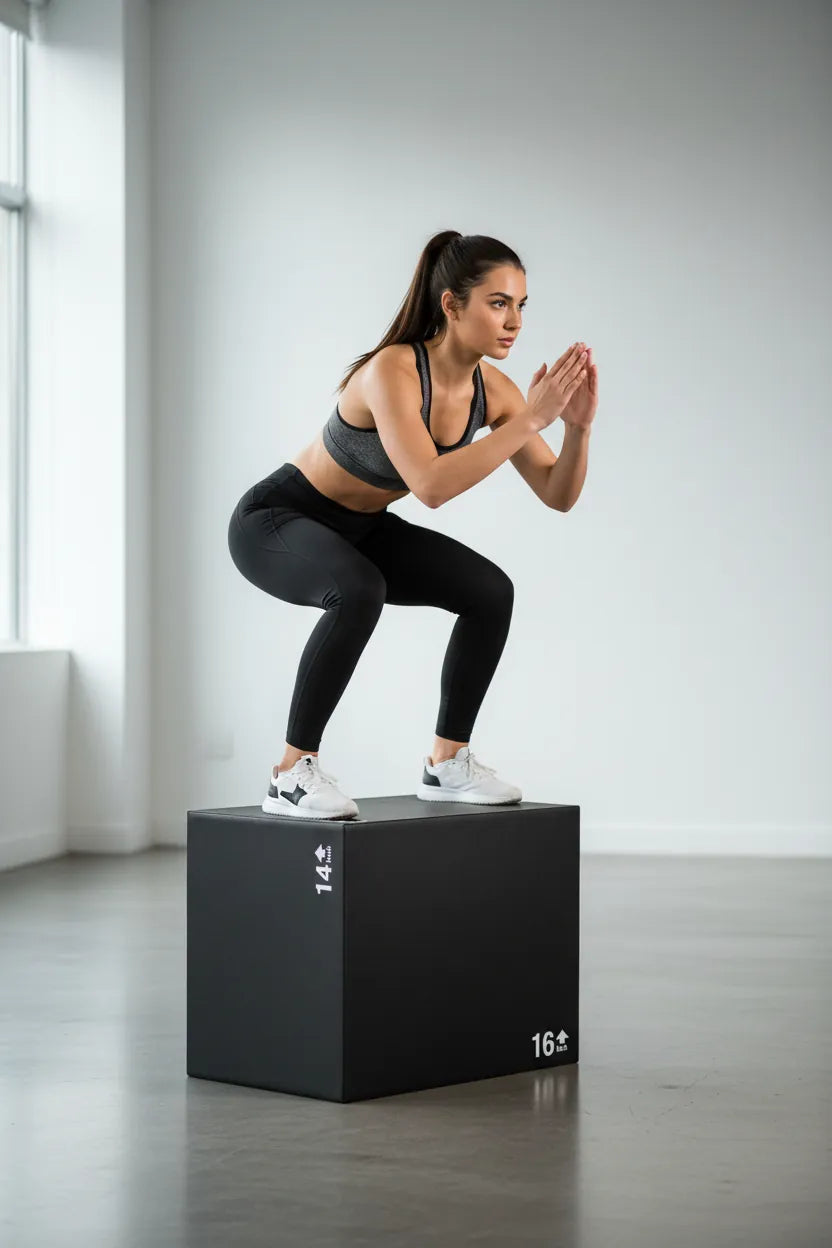TM Peak Pivot plyometric jump box for home workouts, showing a sturdy wooden fitness box used for jump training and exercise routines.