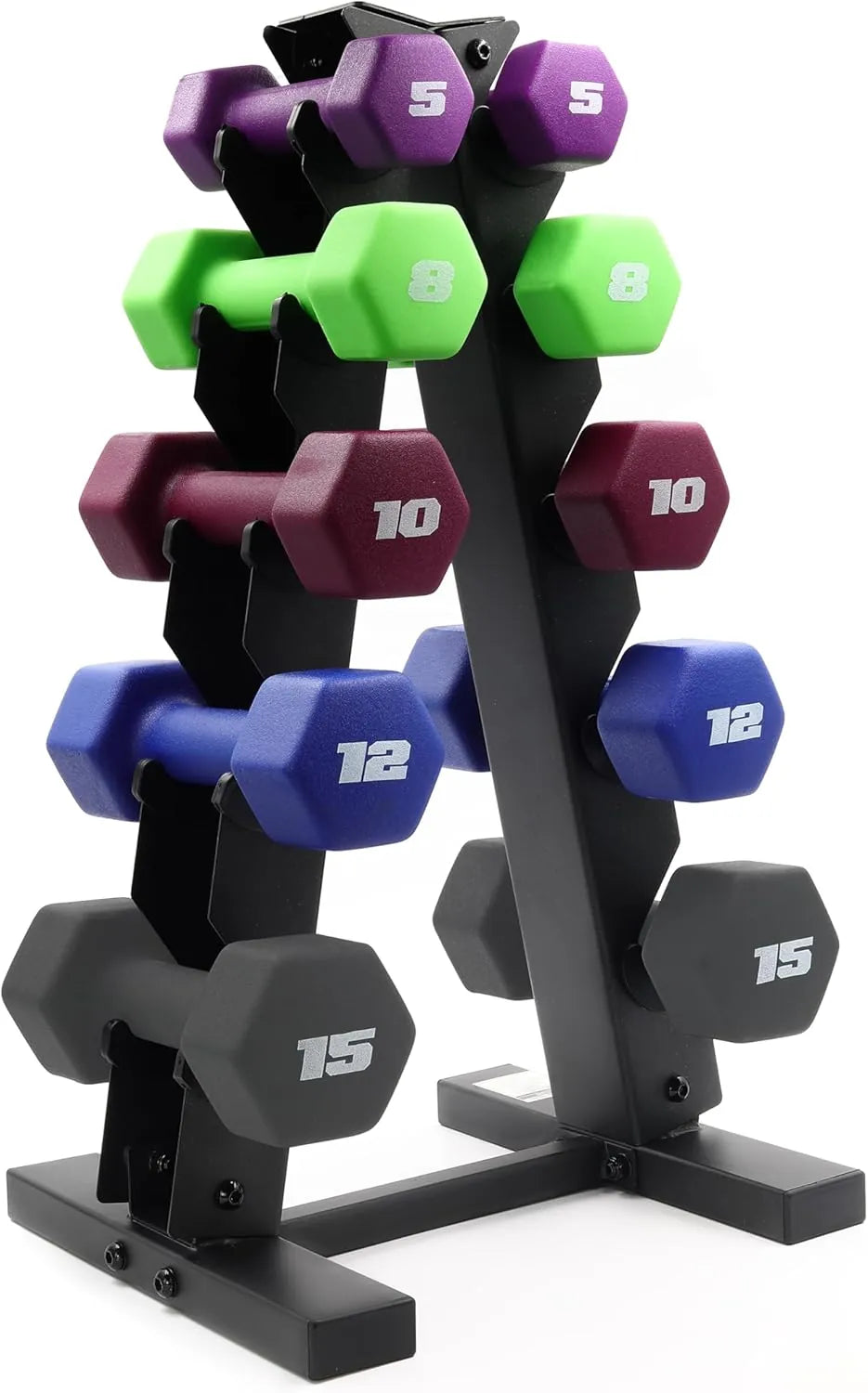 Neoprene hex dumbbells from The Peak Pivot for home workout, featuring black handles and colorful weight markings.