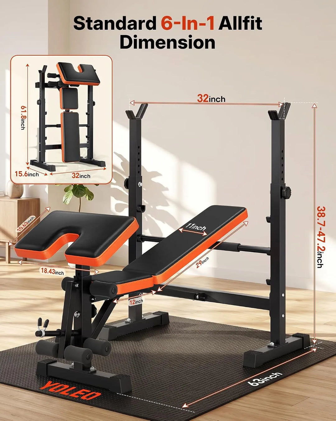 The Peak Pivot 6-in-1 weight bench set with adjustable black and silver bench, dumbbells, and resistance bands for versatile strength training.