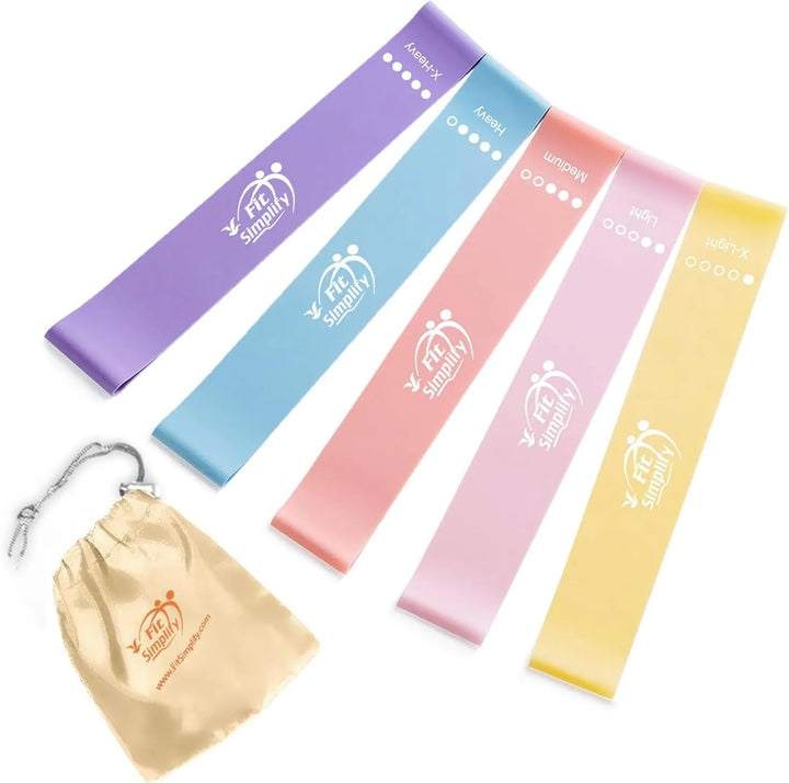 Set of five exercise resistance bands in different levels from The Peak Pivot, ideal for strength training and physical therapy.