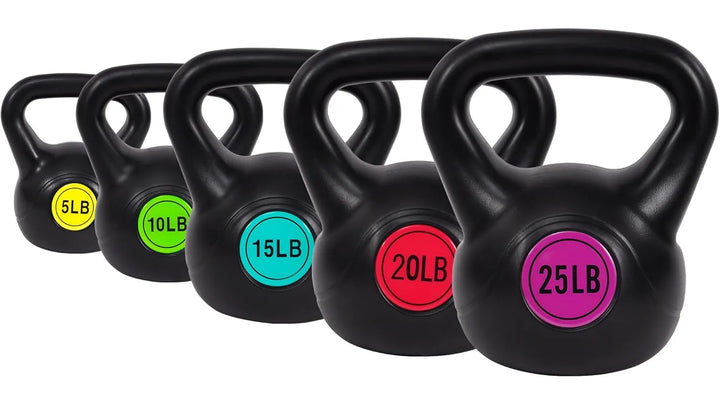 Set of adjustable kettlebell weights from The Peak Pivot, featuring multiple weight plates and a sturdy handle for strength training.