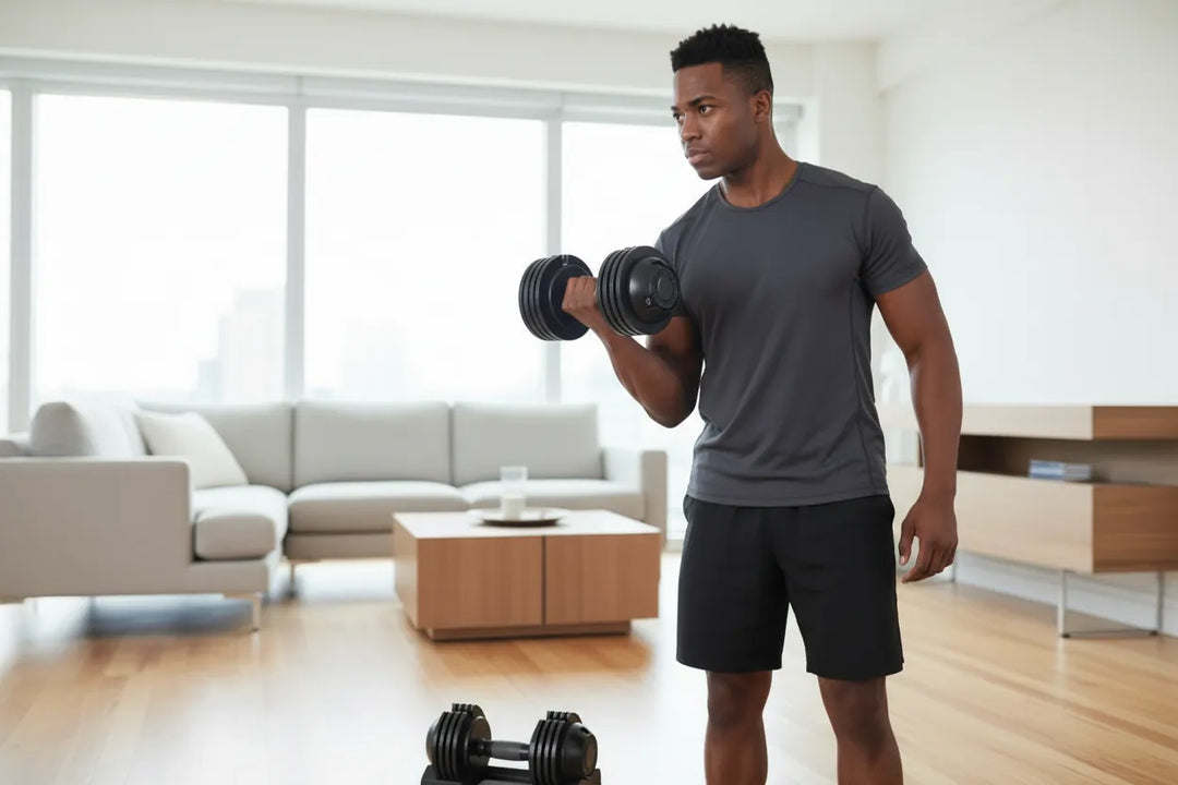 Adjustable V.I.P Digital Presence dumbbell for home strength training with a 52LB steel build and pivot design.