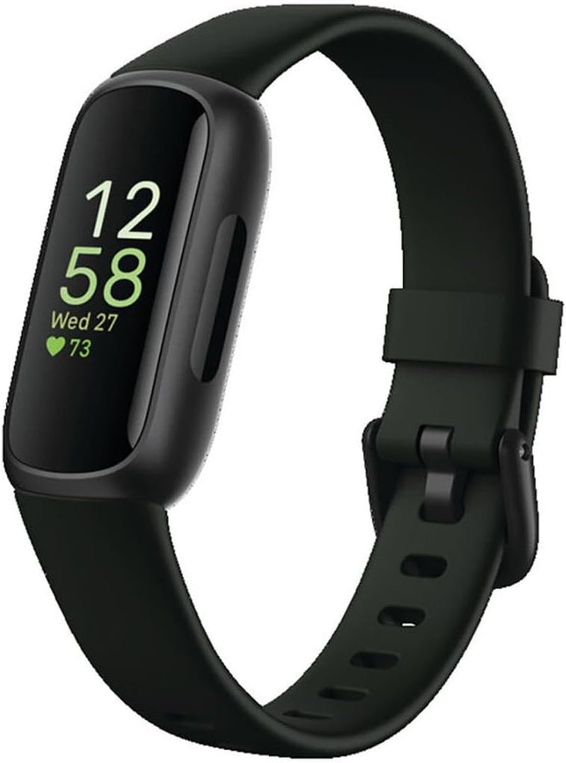 Fitbit Inspire 3 fitness tracker by The Peak Pivot showing heart rate and sleep tracking features on a sleek band.