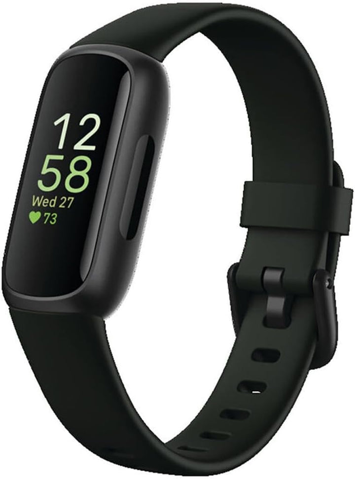 Fitbit Inspire 3 fitness tracker by The Peak Pivot showing heart rate and sleep tracking features on a sleek band.