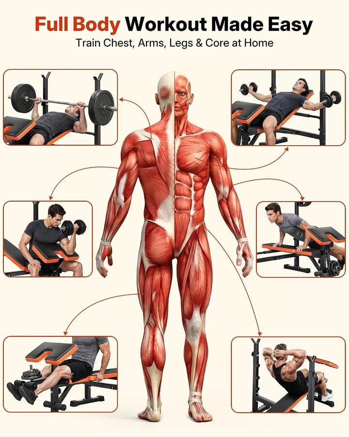 The Peak Pivot 6-in-1 weight bench set with adjustable incline, flat, and decline positions for versatile strength training.