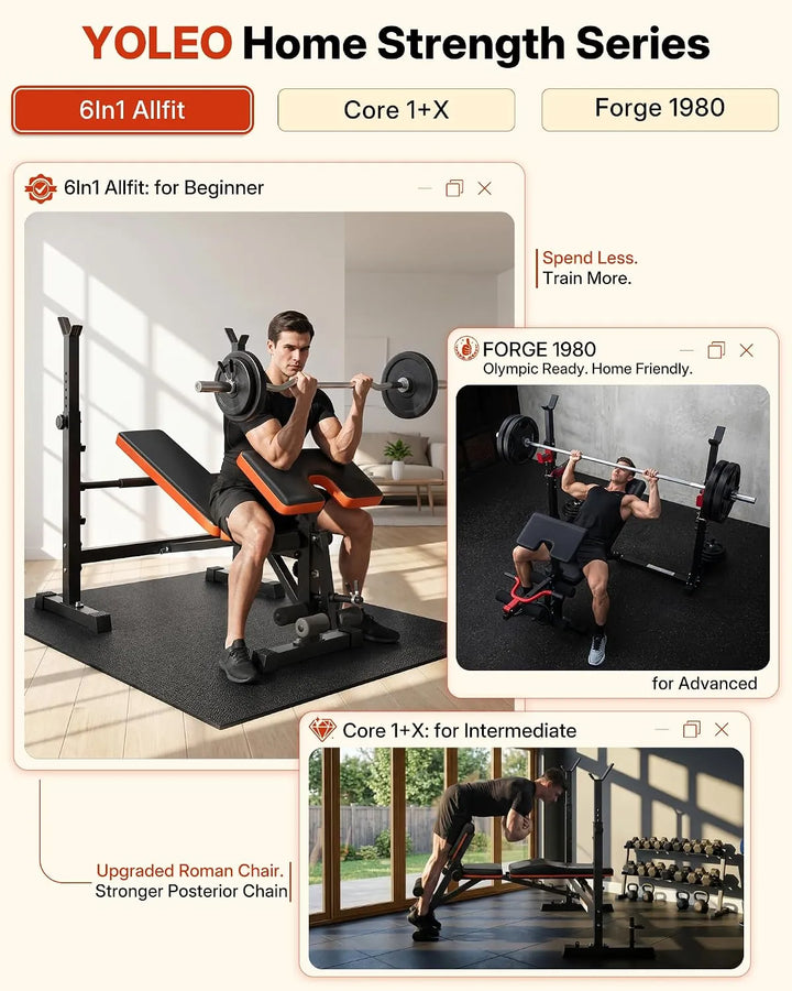 The Peak Pivot 6-in-1 weight bench set with adjustable bench, dumbbells, and workout accessories for versatile strength training.