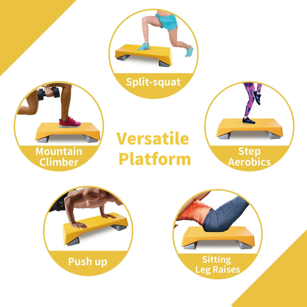 Yellow adjustable aerobic step platform for home workouts from The Peak Pivot, featuring non-slip surface and height options.