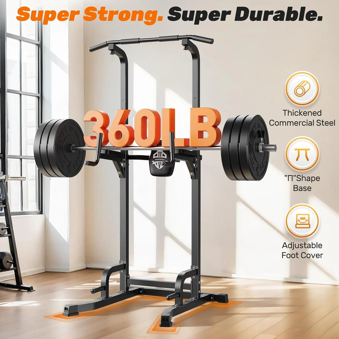 Power Tower pull-up station by The Peak Pivot showing multiple bars for pull-ups, dips, and bodyweight exercises in a home gym setting.