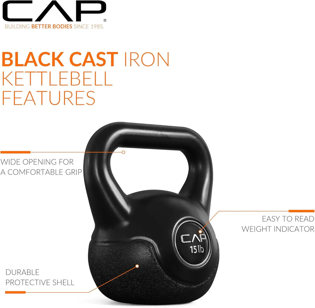 The Peak Pivot kettlebell set with nine black kettlebells of varying sizes on a white background for strength training.