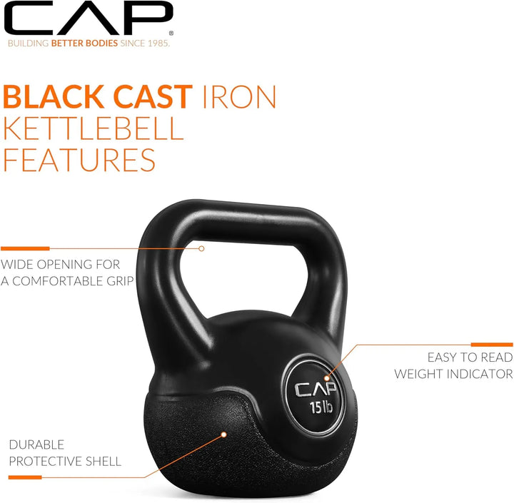 The Peak Pivot kettlebell set with nine black kettlebells of varying sizes on a white background for strength training.