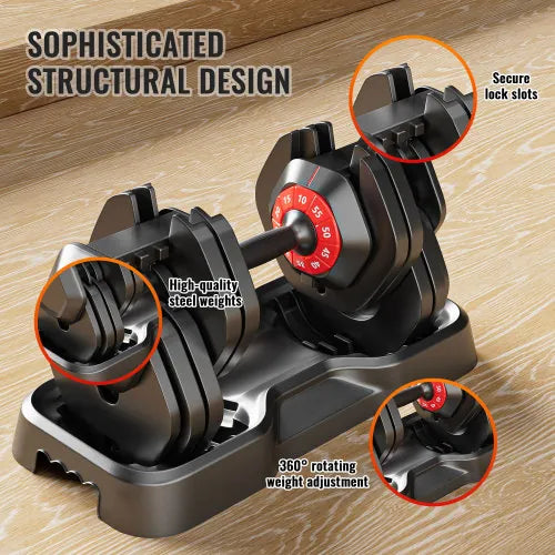 Adjustable V.I.P Digital Presence 55LB dumbbell set for home gym with multiple weight plates and handle in a storage rack.