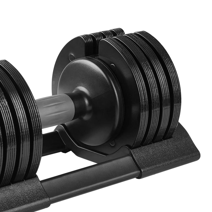 Adjustable V.I.P Digital Presence dumbbell for home strength training, 52LB steel build with pivot design.