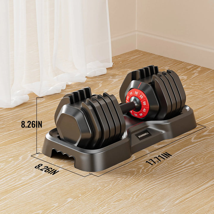 Adjustable dumbbell set with 55lb weight plates and handle, ideal for home gym workouts, by V.I.P Digital Presence.
