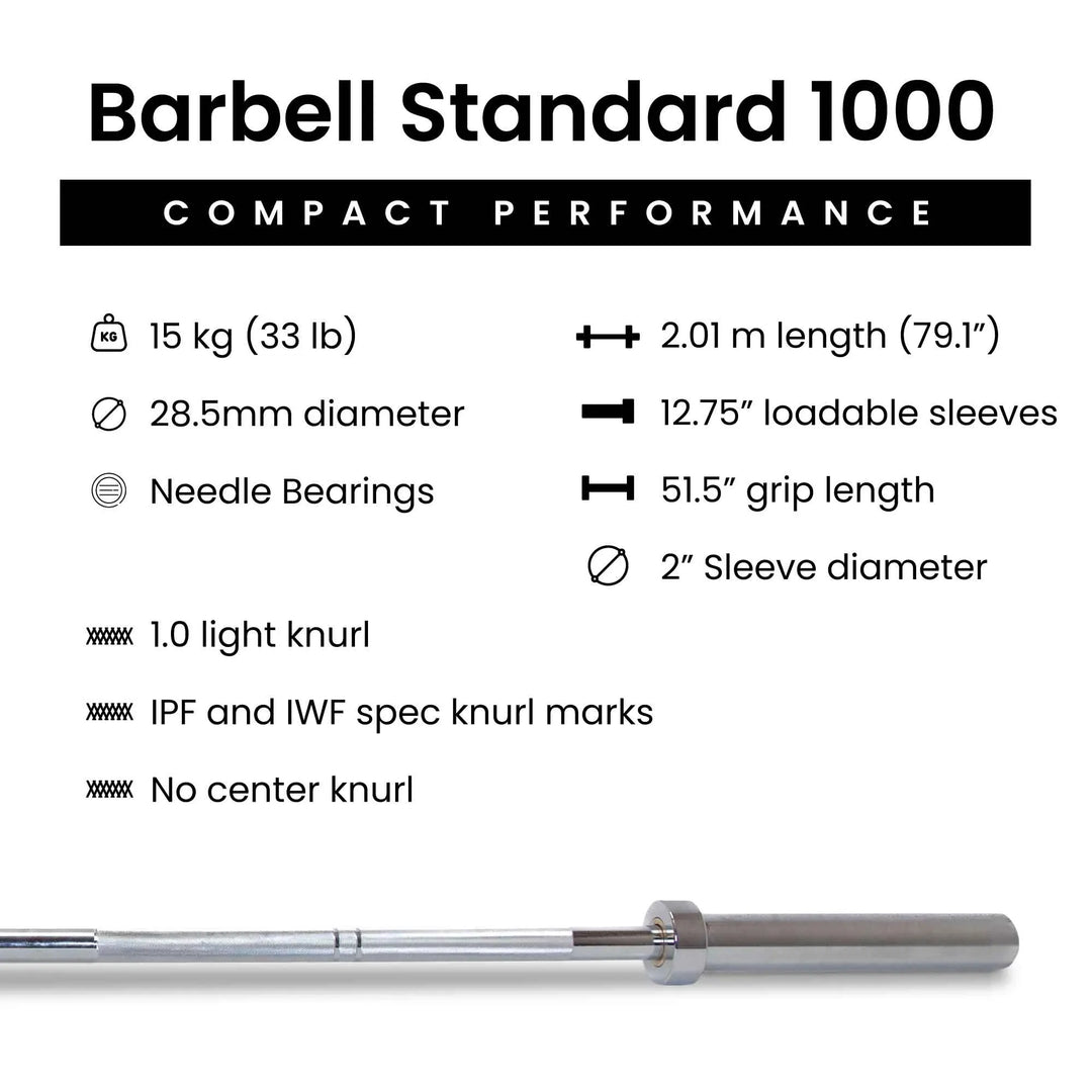 Barbell Standard 1000 compact weight set with adjustable metal barbell and weight plates for strength training and gym use.