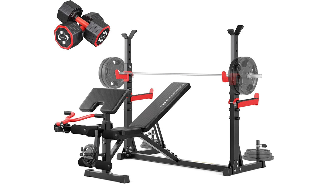 The Peak Pivot 6-in-1 weight bench set with adjustable backrest, padded seat, and various attachments for versatile strength workouts.