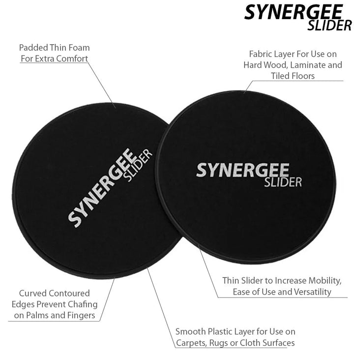Synergee Core Sliders used as abdominal trainers, showing a person performing core exercises on smooth, circular sliders for effective workouts.