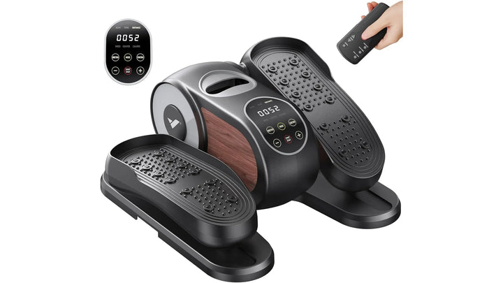 Under-desk elliptical machine, showing compact design and adjustable pedals for low-impact seated exercise.