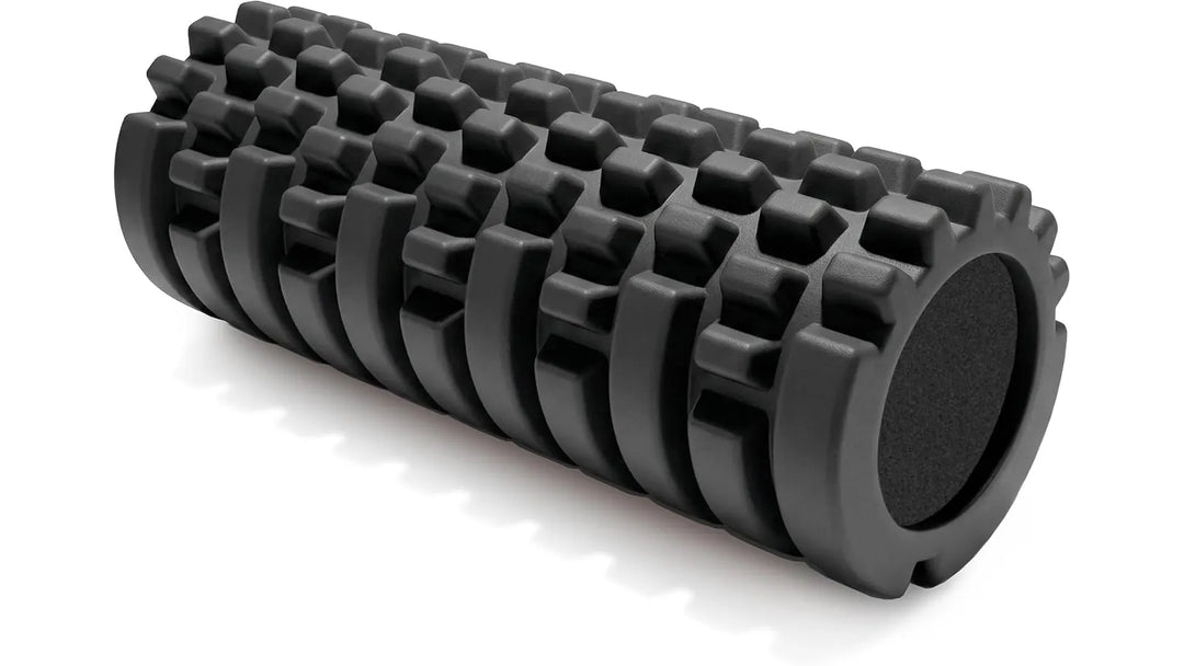 Foam roller for deep tissue massage showing textured surface and compact design for muscle relief.