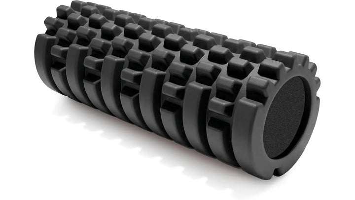 Foam roller for deep tissue massage showing textured surface and compact design for muscle relief.