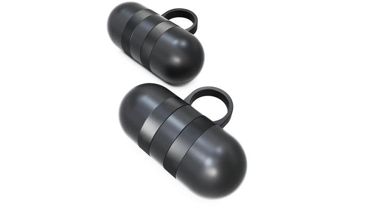 Pair of Synergee hand weights, adjustable dumbbells for strength training and free weight exercises, with black rubber-coated handles.