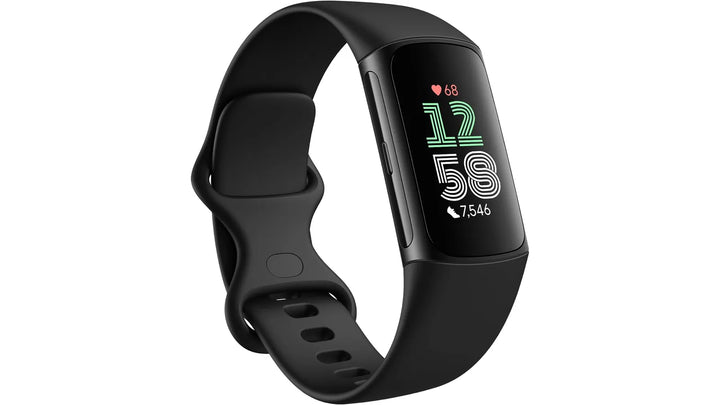 Fitbit Charge 6 fitness tracker and pedometer worn on a wrist, displaying step count and activity stats on its screen.