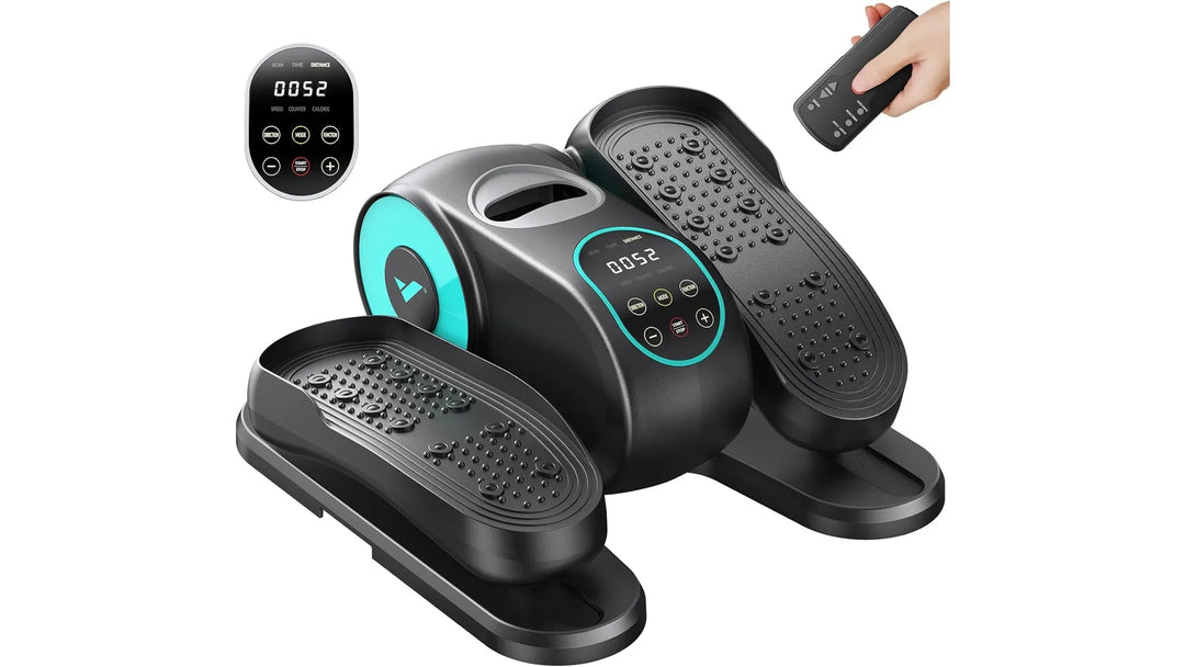 Under desk elliptical machine, compact design for low-impact cardio workouts while working at a desk.