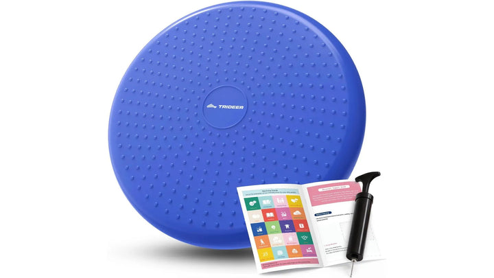 The Peak Pivot Wobble Cushion for balance training, featuring a vibrant blue, textured surface and inflatable design for stability exercises.
