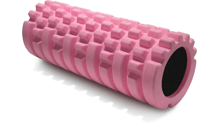 Foam roller for deep tissue massage showing a textured cylindrical foam roller on a neutral background.