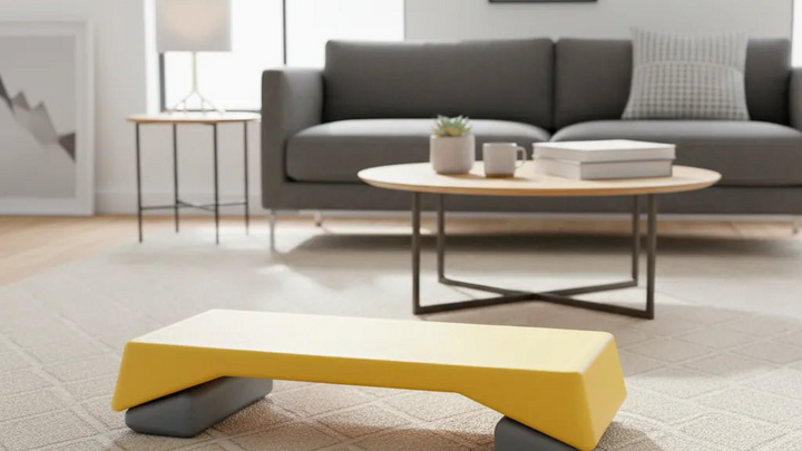 Yellow aerobic step platform with textured surface and sturdy support for fitness workouts.