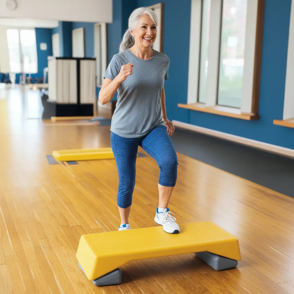 Yellow adjustable aerobic step platform for home workouts with non-slip surface and sturdy design by V.I.P Digital Presence.