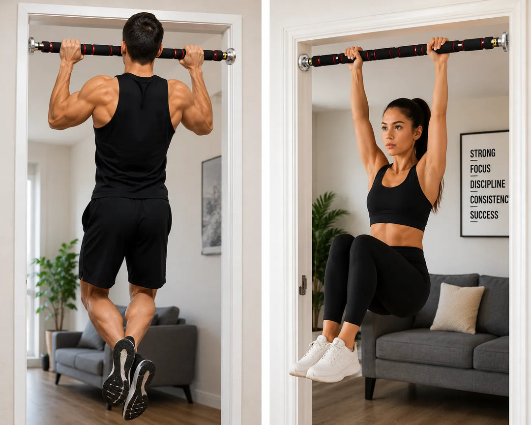 doorway pull-up bar mounted on door frame for home strength training, sturdy metal construction, adjustable fit