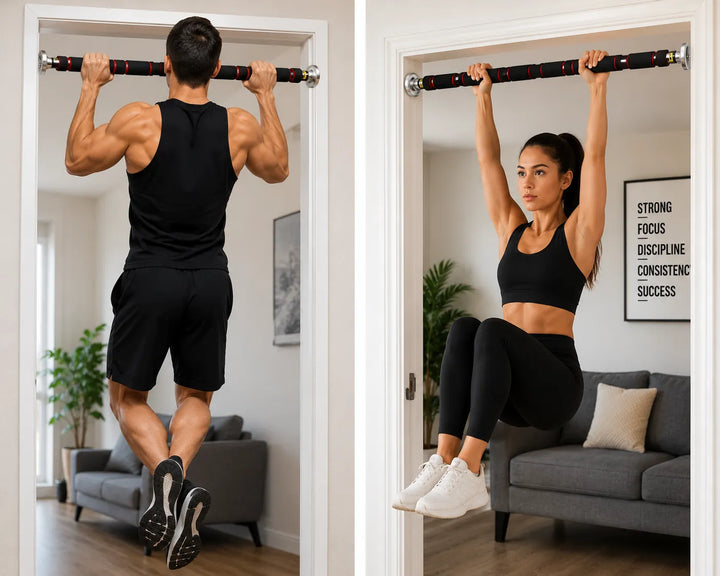 doorway pull-up bar mounted on door frame for home strength training, sturdy metal construction, adjustable fit
