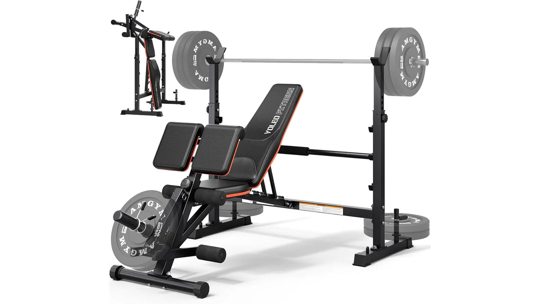 The Peak Pivot 6-in-1 weight bench set with adjustable bench, dumbbells, and workout accessories for versatile strength training.