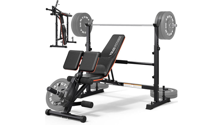 The Peak Pivot 6-in-1 weight bench set with adjustable bench, dumbbells, and workout accessories for versatile strength training.