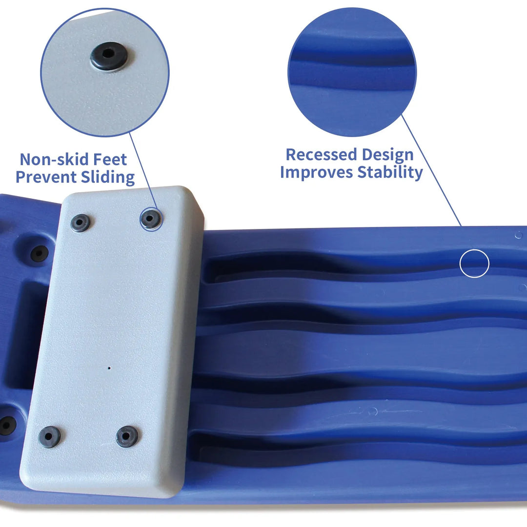 Blue aerobic step platform for home cardio training by V.I.P Digital Presence, showing a sturdy plastic step with non-slip surface.