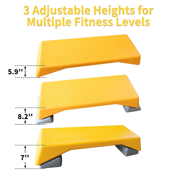 Yellow adjustable aerobic step platform for home workouts by The Peak Pivot, featuring a sturdy, non-slip surface and adjustable height.