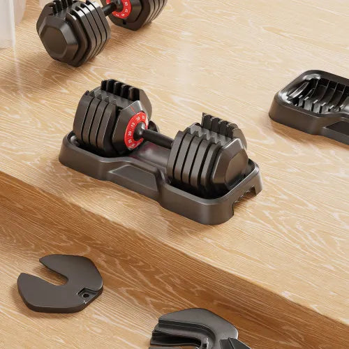 Adjustable dumbbell set with 55LB weight plates from V.I.P Digital Presence, ideal for home gym strength training.