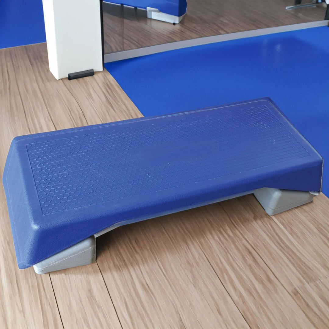Blue aerobic step platform for home cardio training by V.I.P Digital Presence, featuring a sturdy design and textured surface.