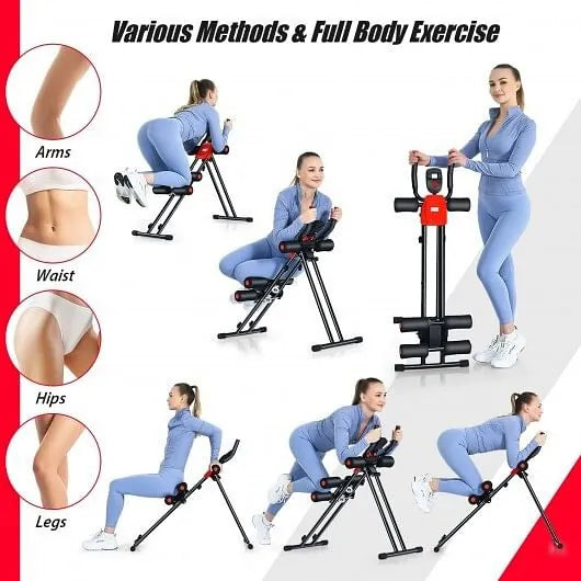Foldable ab trainer machine from The Peak Pivot, designed for core workouts, shown folded with adjustable features and padded support.