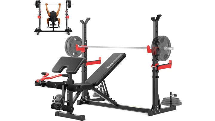 Six-in-one weight bench set by The Peak Pivot with adjustable bench and various workout attachments for strength training.