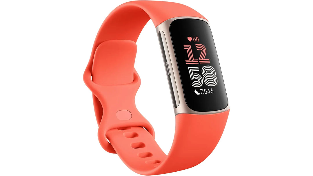 Fitbit Charge 6 fitness tracker and pedometer, displaying a digital watch face and activity tracking features.