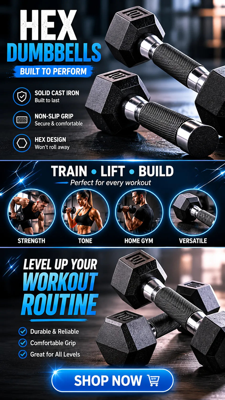 Cast iron hex dumbbells for strength training at home, featuring durable, grip-friendly handles by The Peak Pivot.